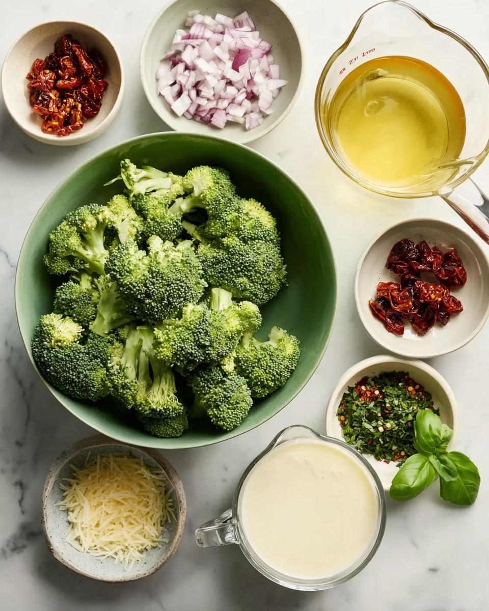 The image shows a close-up of a dish filled mainly with bright green broccoli florets layered evenly throughout. Mixed among the broccoli are small pieces of crispy golden-brown bits, likely bacon or similar, adding texture and warmth to the colors. Small bits of light beige or white grated topping, probably cheese, are sprinkled lightly over the entire dish, adding a fine grainy detail. The vegetables appear fresh and cooked just right with a slight shine. The whole dish looks rich in texture and color, all resting on a white marbled surface. Photo taken with an iphone --ar 4:5 --v 7