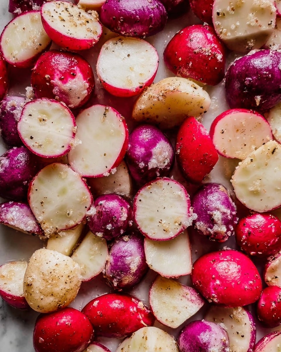 The image shows many cut radishes spread out closely on a white marbled surface. Each radish is sliced into halves or quarters, showing their white inner flesh with smooth texture and bright red or pinkish outer skins. Some pieces have a sprinkle of coarse salt or seasoning visible as small white grains and faint green herbs. The radishes are placed randomly, filling the whole space with shiny skin parts reflecting soft light and some rough, grainy seasoning stuck on the surfaces. photo taken with an iphone --ar 4:5 --v 7