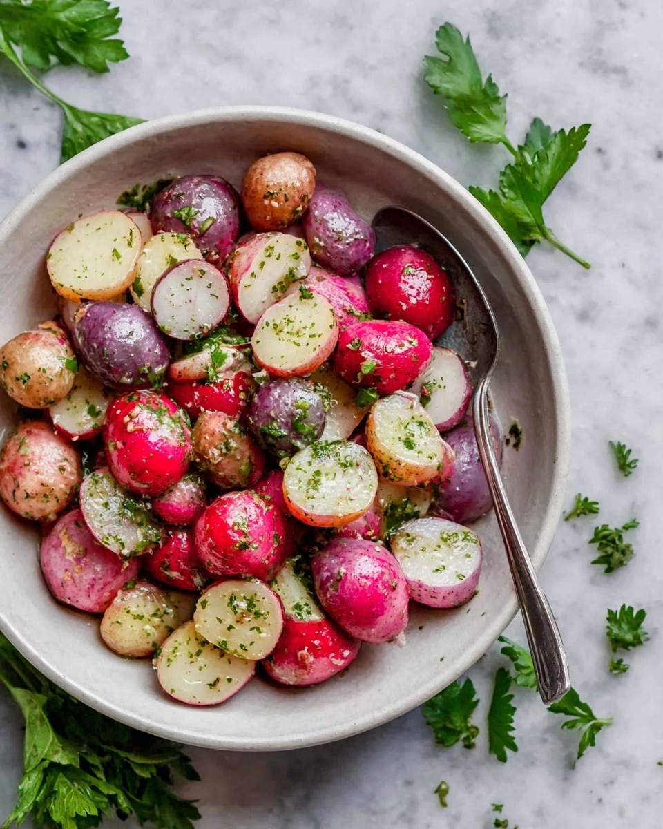 The image shows a white bowl filled with colorful radishes cut in half, showing their white inside and red, pink, and purple skins. The radishes are scattered in one layer inside the bowl, sprinkled with green herbs and black pepper. Some fresh green parsley leaves are on top and mixed with the radishes. The bowl is set on a white marbled surface, with a silver spoon holding a light cream sauce nearby. Photo taken with an iphone --ar 4:5 --v 7