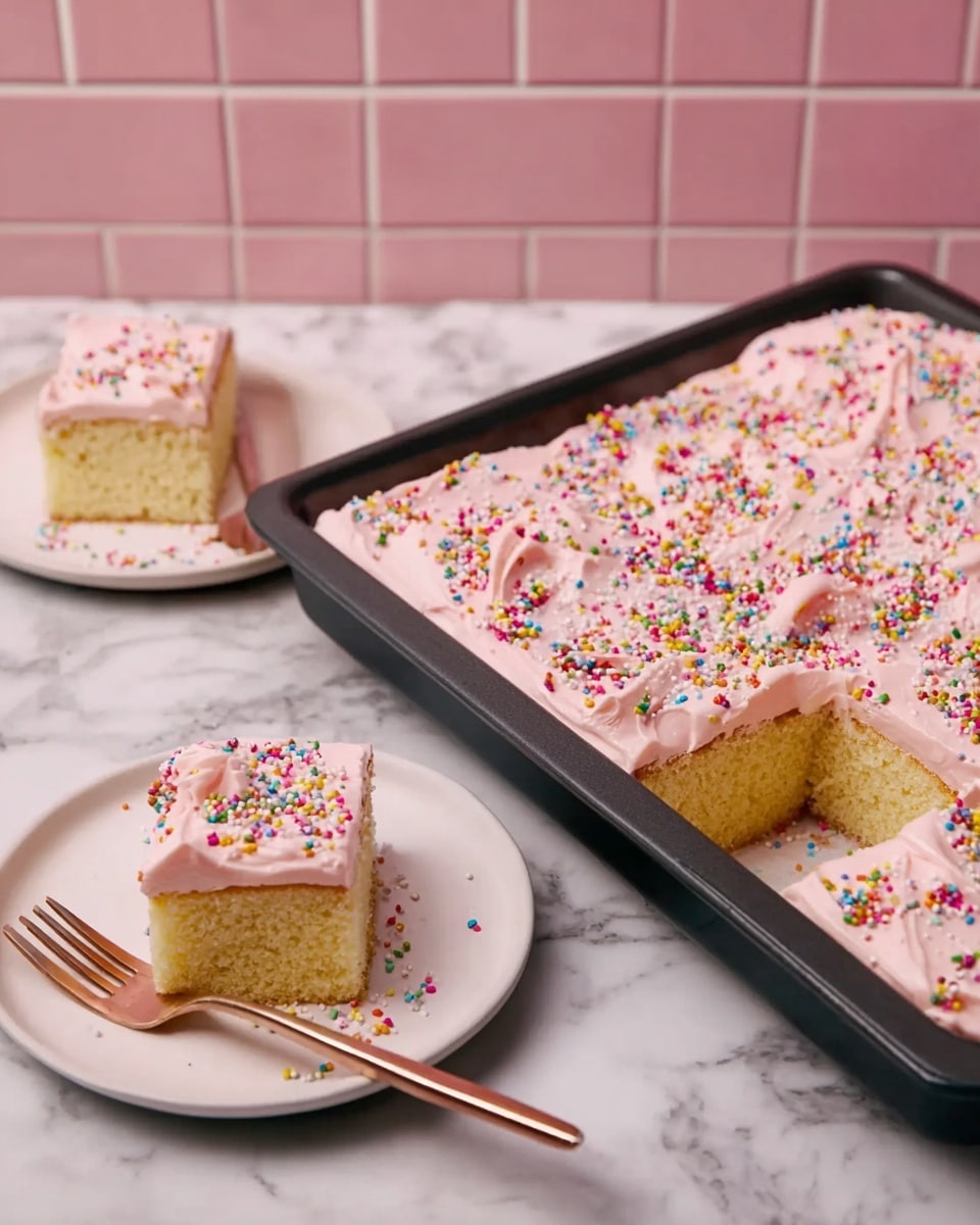 The image shows a tray of yellow cake with smooth light pink frosting on top, covered with colorful round sprinkles. The cake is cut into square pieces, with one piece taken out from the tray. In front, there are two white plates on a white marbled surface, each holding one square slice of the cake. The cake slice has two layers: a thick soft yellow base and a layer of light pink frosting on top, decorated with more colorful sprinkles. Each plate has a small brown fork resting beside the cake. The background has a pink tiled wall. photo taken with an iphone --ar 4:5 --v 7