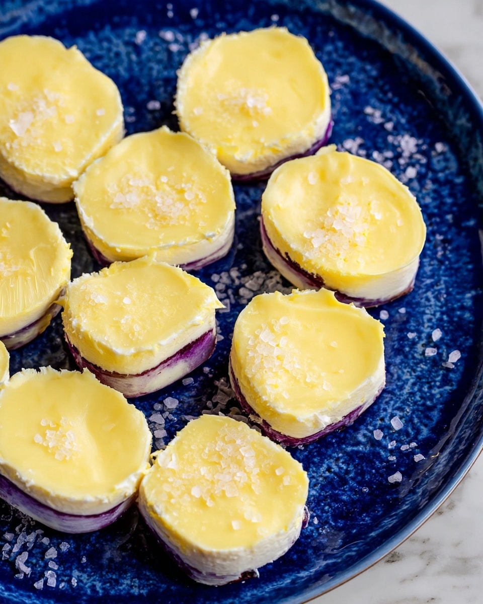 A close-up of a dark blue plate holding several red potato halves, each topped with a thick layer of smooth, bright yellow butter that looks creamy and slightly melted. The potatoes’ red skin contrasts with the soft yellow butter layer on top. The plate sits on a white marbled surface. Photo taken with an iphone --ar 4:5 --v 7