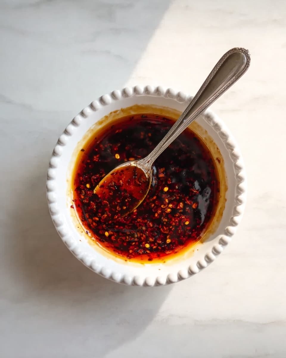 A close-up view of a small white bowl with a beaded edge filled with a dark red chili oil sauce. The sauce has visible small bits of chili and seeds floating in the shiny, oily surface. A silver spoon rests inside the bowl, partially submerged in the chili oil, with its handle resting on the edge of the bowl. The bowl sits on a white marbled surface. photo taken with an iphone --ar 4:5 --v 7
