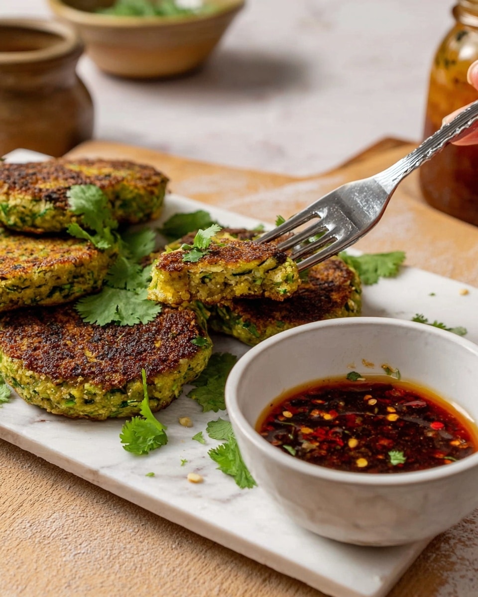 The image shows a close-up of green vegetable patties with a coarse texture, some with a browned, crispy outer layer, stacked on the left side of a white rectangular plate. Fresh green cilantro leaves are scattered on top and around the patties. A small white bowl filled with a dark reddish-brown dipping sauce with visible red chili flakes sits on the right side of the plate. A silver fork held by a woman's hand is dipping one green patty into the sauce. The plate is set on a wooden table with a white marbled surface partially visible, and there are small light beige bowls and a jar with green herbs blurred in the background. Photo taken with an iphone --ar 4:5 --v 7