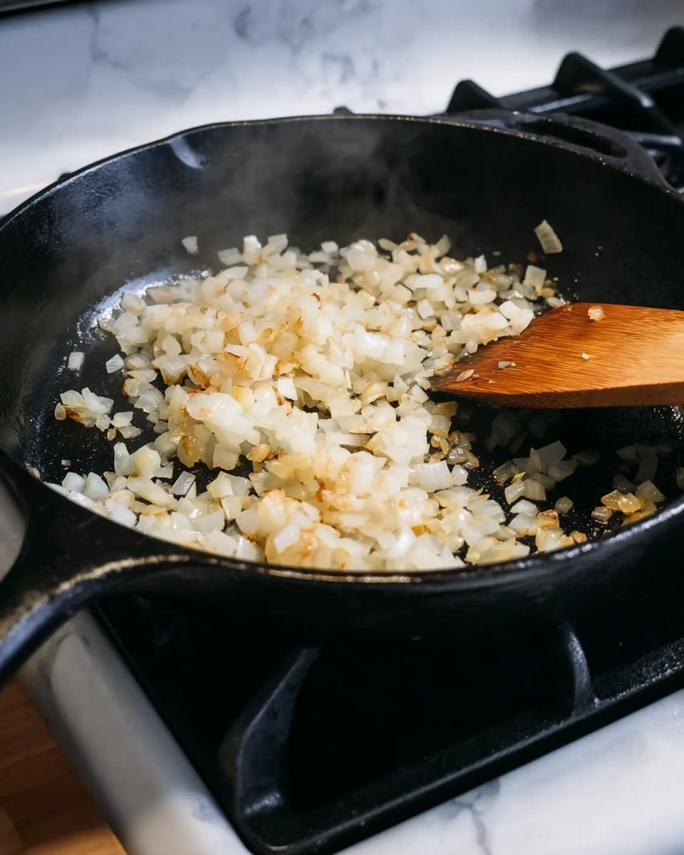 A black cast iron pan is on a stovetop with white burners, filled with chopped white onions that have light golden brown edges showing they are cooking. A wooden spatula with a smooth texture is resting on the right side of the pan, slightly stirring the onions. The background is softly blurred, and the pan has a matte finish with two short handles visible. The whole setup is on a white marbled surface. photo taken with an iphone --ar 4:5 --v 7