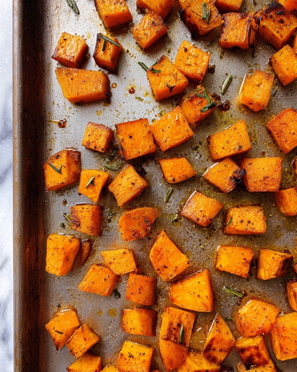 The image shows a close-up of roasted orange cubes of butternut squash in a white oval dish. The squash pieces have a slightly caramelized, browned surface with a light glisten from oil or seasoning. Small green herb bits, likely rosemary, are scattered over the squash, adding detail and texture. A silver spoon is placed inside the dish on the left side, partially buried in the squash cubes. The dish rests on a white marbled surface, and a corner of a patterned cloth is visible at the bottom left. Photo taken with an iphone --ar 4:5 --v 7