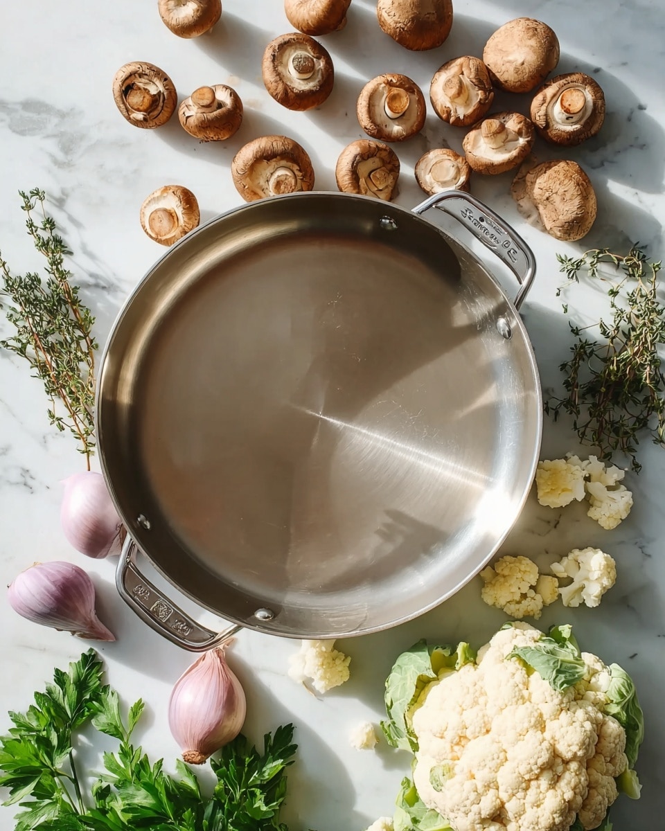 The image shows a silver stainless steel frying pan on the left side with a shiny surface reflecting light. Next to the pan on the right, there are many small whole brown mushrooms and a sprig of fresh green thyme placed on a white marbled surface. Below these, there is a cluster of light white cauliflower pieces and a large whole cauliflower with green leaves. On the bottom left, there are some halved red shallots with their purple skin visible, along with a small bunch of fresh green parsley nearby. The arrangement is simple and clean, all placed on the white marbled background. photo taken with an iphone --ar 4:5 --v 7