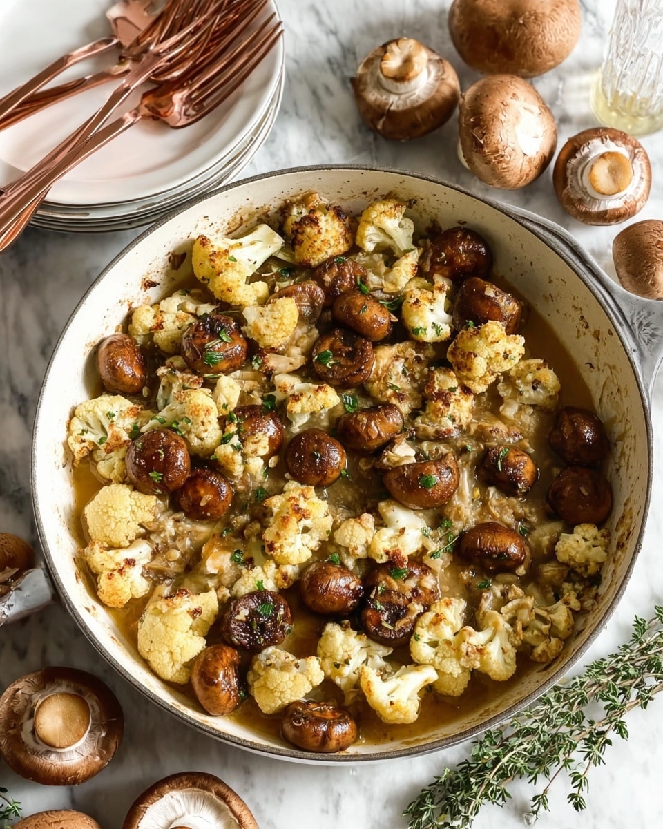 The dish shows a close-up of roasted cauliflower and whole brown mushrooms mixed with chopped green herbs. The cauliflower pieces are light beige with some brown roasted spots, showing a slightly rough texture. The mushrooms are whole, round, and glossy with a smooth surface. The vegetables sit in a thin golden sauce with visible small bits of garlic and herbs scattered on top. The white marbled surface serves as the background. The lighting highlights the shiny texture of the sauce and the fresh look of the herbs. Photo taken with an iphone --ar 4:5 --v 7