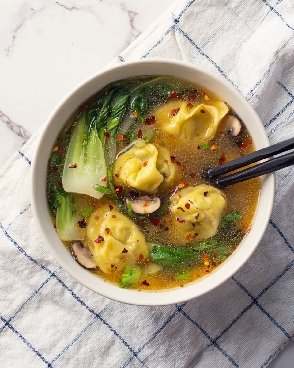 A bowl of clear broth soup with four yellow dumplings floating in it, each dumpling showing a soft, slightly wrinkled texture. The soup contains green chopped scallions sprinkled on top and leafy green vegetables beneath the dumplings. The bowl is white and rests on a white marbled surface, with black chopsticks placed diagonally on the right side of the bowl. Fresh ginger, a lemon wedge, and green onions are partially visible around the bowl, adding color contrast. Photo taken with an iphone --ar 4:5 --v 7