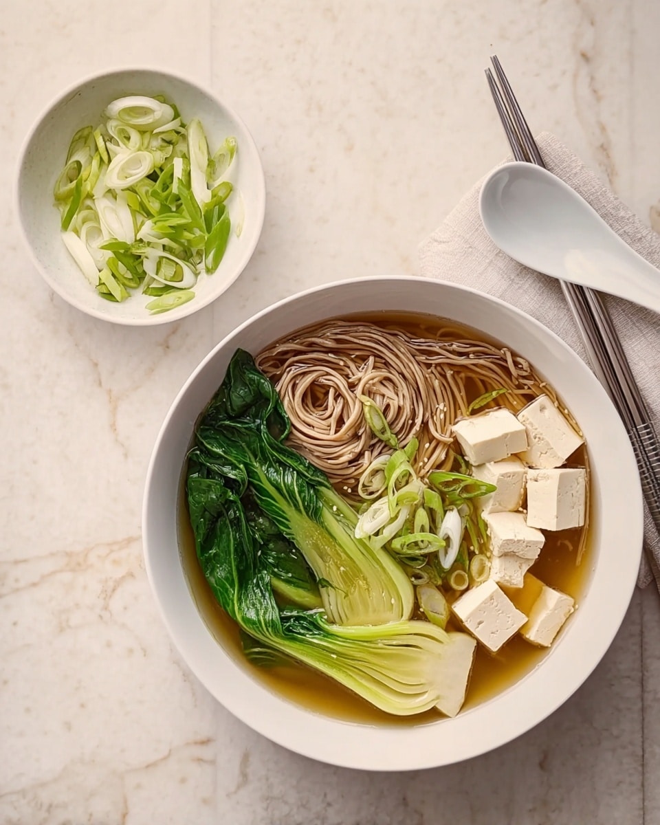 The image shows a white bowl filled with a noodle soup placed on a white marbled surface. The bowl has three main visible layers: at the bottom, there is a bed of light brown noodles. On top of the noodles, there are four off-white tofu cubes and two large green baby bok choy leaves. There are also sliced green onions scattered across the tofu and bok choy, some lying flat and some angled. The soup broth is light and clear around the ingredients. To the right of the bowl, there are metal chopsticks resting on the surface and part of a smaller white bowl filled with sliced green onions. A white spoon is partially visible to the left side of the main bowl. The photo taken with an iphone --ar 4:5 --v 7