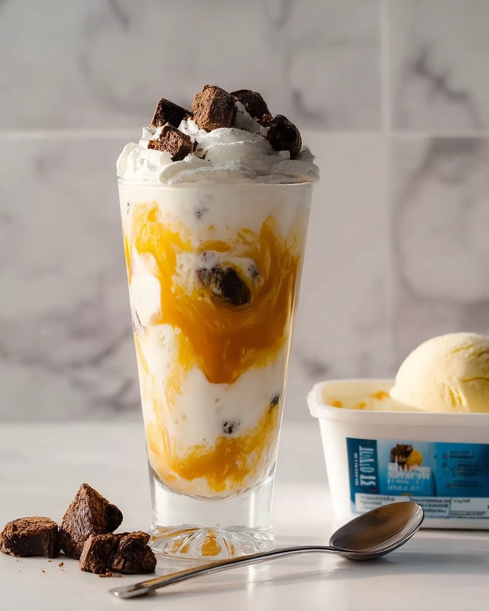 The image shows a tall clear glass filled with layers of creamy white yogurt swirling with bright orange mango puree throughout, creating a marbled effect inside the glass. The yogurt forms the base layer and middle layers, alternating with thick streaks of mango puree. On top, there is a thick layer of white whipped cream crowned with dark brown brownie chunks scattered on the surface. The glass sits on a white marbled surface beside a white tub of vanilla ice cream and a silver spoon, with the background also featuring the white marbled texture. photo taken with an iphone --ar 4:5 --v 7