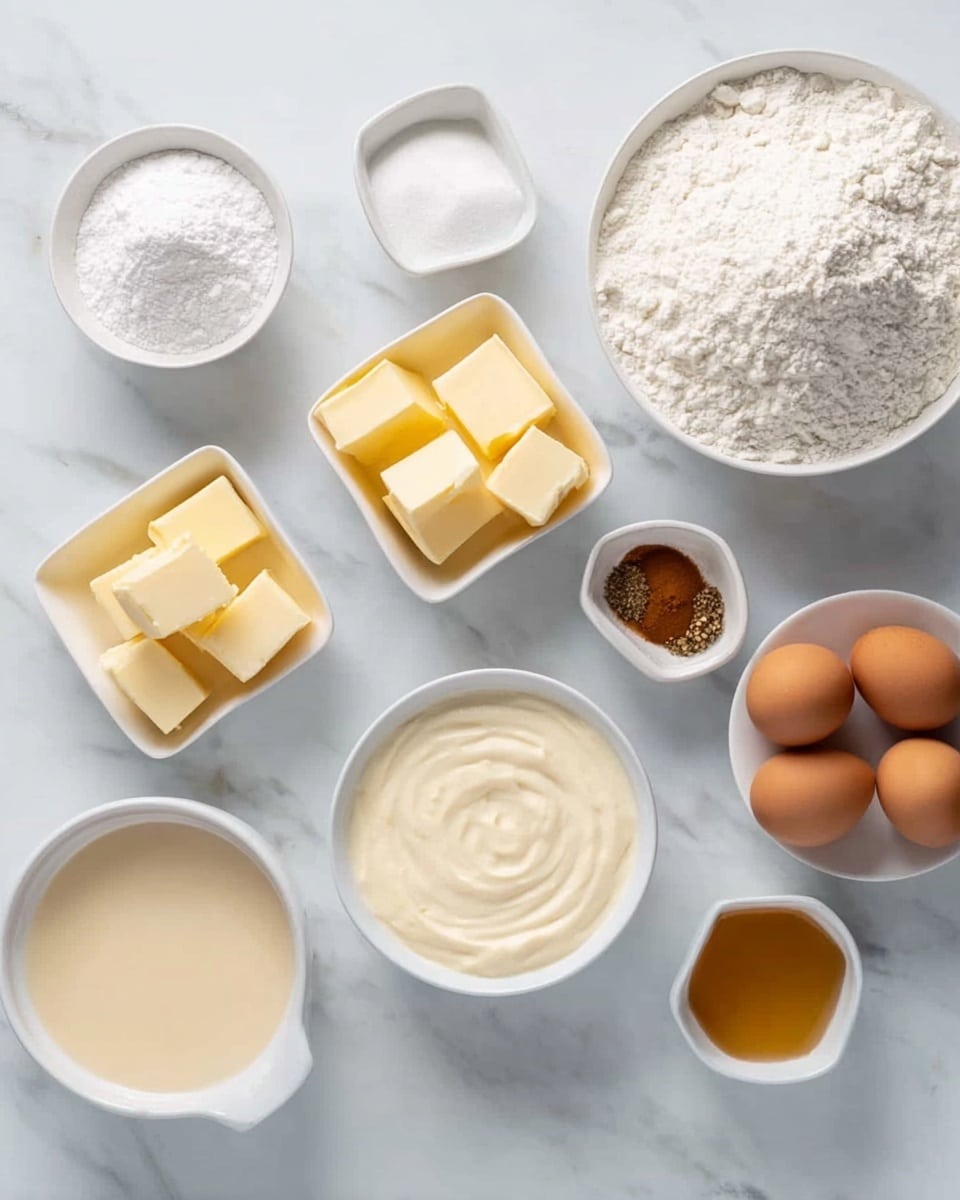 Several small white bowls and a few eggs are placed on a white marbled surface. From left to right, the first bowl contains white powdered sugar, next a square white bowl with yellow butter slices, a round white bowl with white sugar, and another square white bowl with more yellow butter pieces. There is a large round white bowl filled with white flour at the top right, a small square white bowl with brown spices and white powder below it, and a round white bowl with smooth cream-like batter on the far right. At the bottom left, there is a round white bowl with a beige liquid, next to it a small square bowl with a pale yellow liquid. In the middle bottom, there are three brown eggs close together, and on the bottom right is a small round white bowl with a light brown liquid. The scene is neatly arranged and well lit. Photo taken with an iphone --ar 4:5 --v 7