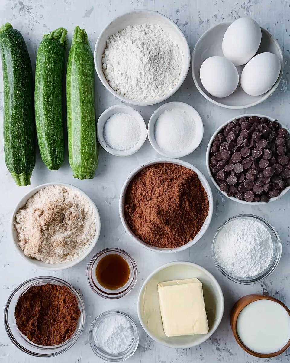 The image shows a neat arrangement of baking ingredients on a white marbled surface. There are four whole zucchinis placed on the far left, next to a white bowl filled with flour. Above this bowl, there is a white plate holding three white eggs. Moving right, another white bowl contains white powdered sugar. Below it, there is a white bowl full of brown sugar, and next to it, a white bowl filled with semi-sweet chocolate chips. To the right of that is a white bowl with cocoa powder. Below these bowls, there is a small clear container with brown liquid, a glass bowl with two large blocks of butter, and three small glass bowls with white powder and baking soda. Towards the far right, there is a small glass container with white milk and a wooden small bowl with salt. Everything is arranged crisply with a soft natural light that highlights the textures clearly. Photo taken with an iphone --ar 4:5 --v 7