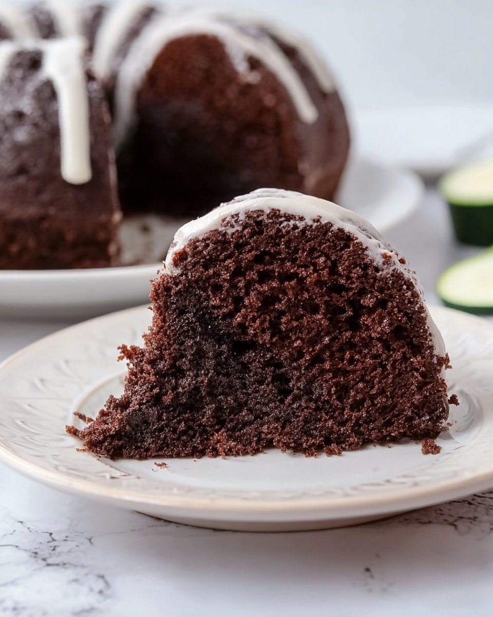 The image shows a slice of dark brown chocolate cake with a soft and moist texture. The cake has one main layer with white icing drizzled lightly on top, mainly visible at the upper edge. The slice sits on a white, slightly decorated plate with the rest of the cake sitting on another white plate in the background. The background is a white marbled surface, and the focus is clear on the slice of cake making the texture of the cake and icing visible. Photo taken with an iphone --ar 4:5 --v 7