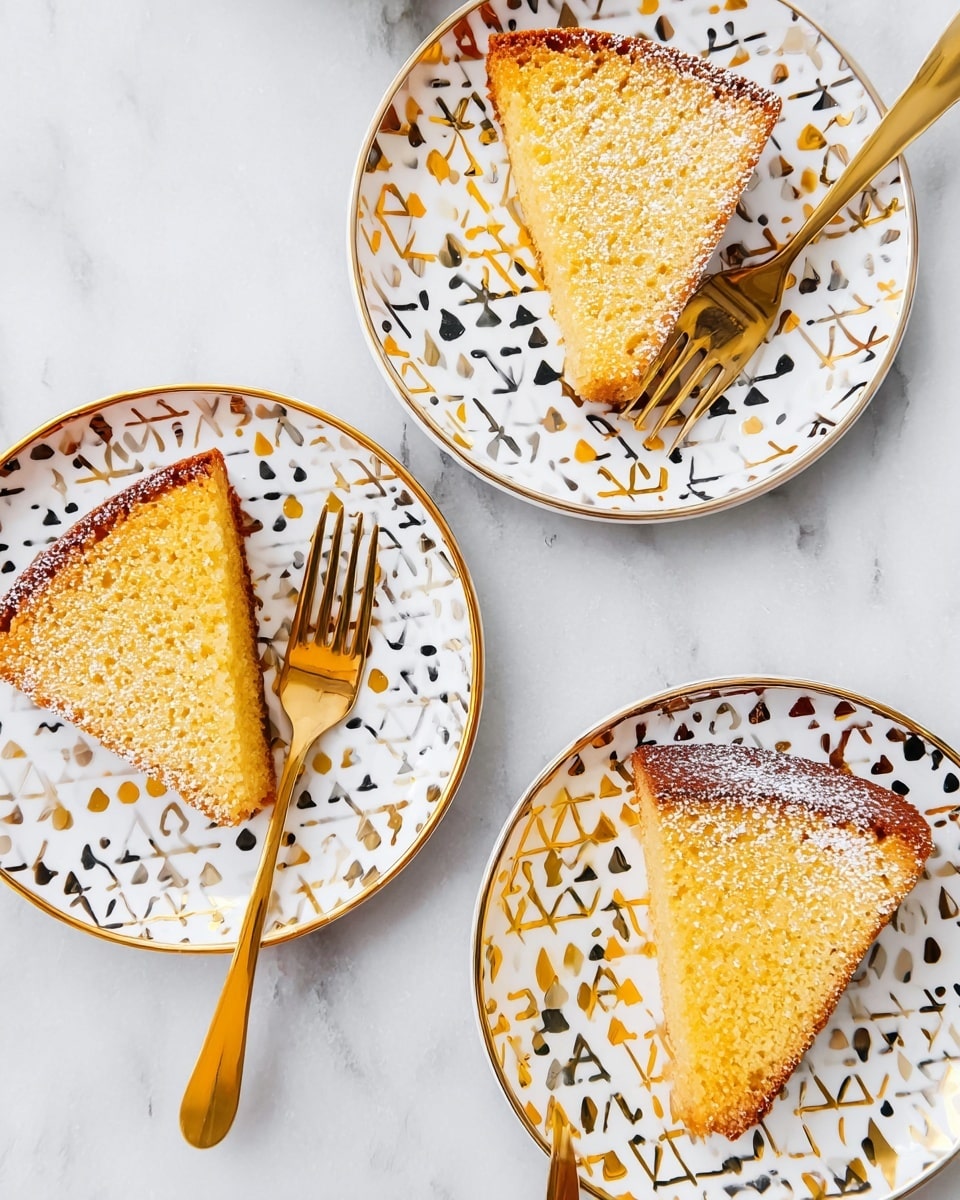 The image shows a golden bundt cake with a fluted, scalloped design, dusted with a light layer of powdered sugar on top. Two slices are cut and placed slightly apart in front of the cake, revealing the soft, yellow interior texture. The cake sits on a gold wire cooling rack set on a white marbled surface. To the right of the cake is a knife with a wooden handle resting on the surface. A white cloth with mustard yellow patterns lies loosely bunched up near the top right of the rack. To the top left, there is a white plate with a yellow and gray triangle pattern holding a fine metal sieve with some powdered sugar residue, next to a glass of amber liquid. A few golden forks and a second glass of the same liquid are placed in the lower left and right corners, all on the white marbled background. photo taken with an iphone --ar 4:5 --v 7