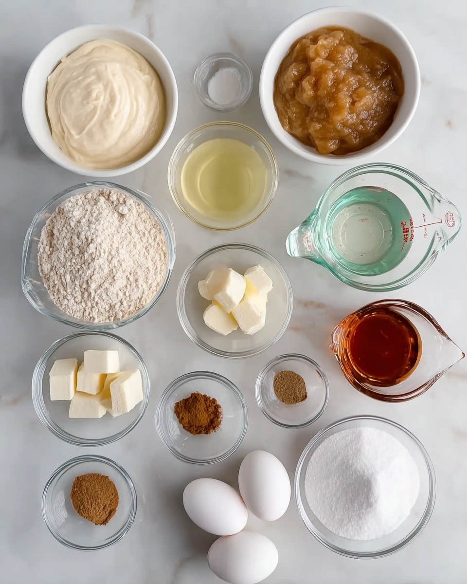 The image shows 13 bowls and two eggs arranged neatly on a white marbled surface. The top row includes a white bowl with smooth, off-white cream, a white bowl with light brown applesauce, a clear glass measuring cup with pale yellow liquid, and a white bowl filled with white flour. Below these, there is a small clear bowl with three pale yellow butter pieces, a white bowl with coarse brown sugar, and five small clear bowls holding various white powders and brown spices. Near the bottom center-right, two whole white eggs rest on the surface, beside a clear glass measuring cup filled with a dark amber liquid and a large white bowl with white sugar. The color scheme is neutral with white, brown, and clear glass containers arranged symmetrically. photo taken with an iphone --ar 4:5 --v 7