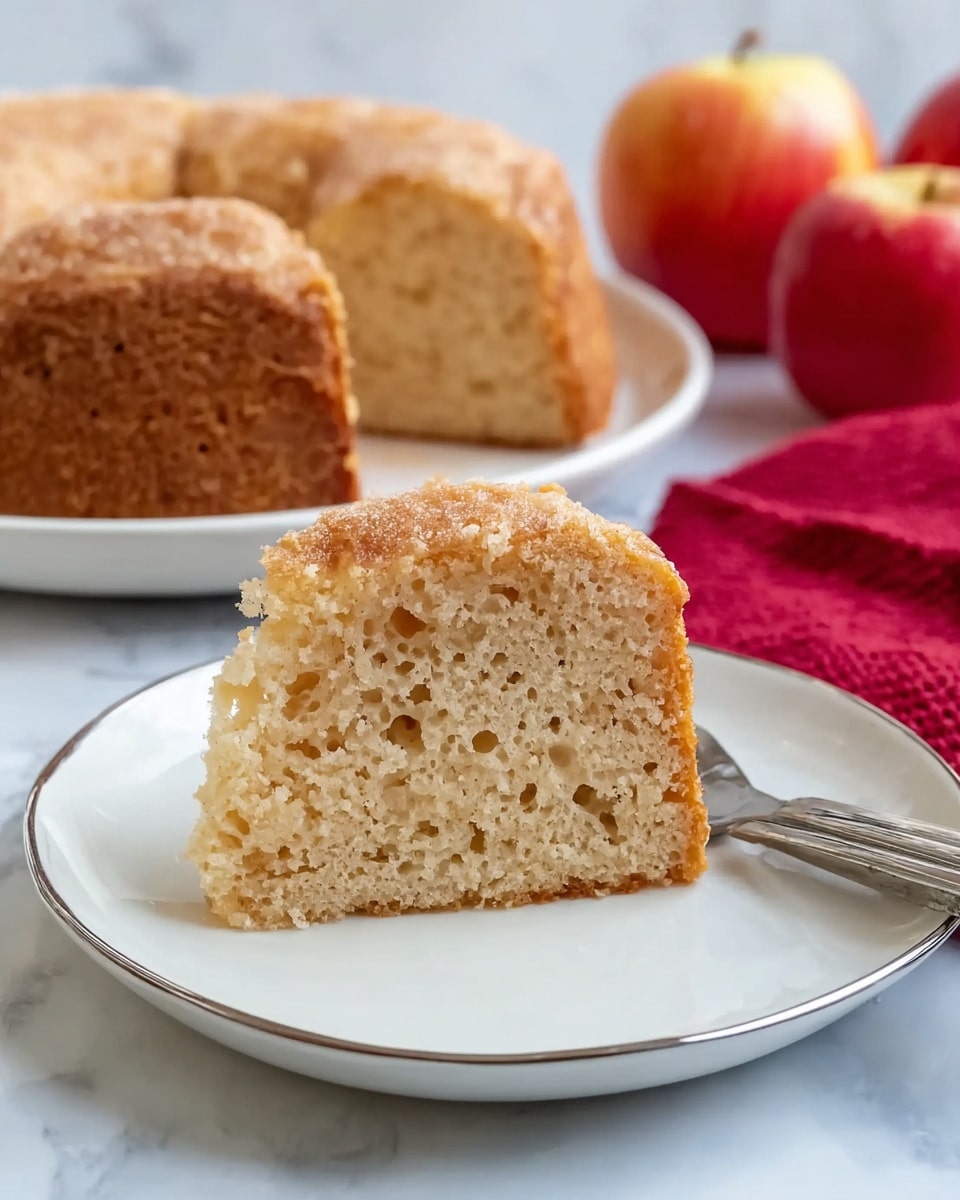 A slice of light brown, soft-textured cake with a crumbly surface sits on a white plate with a thin silver rim. The cake slice shows many small air holes inside, indicating a fluffy texture. In the background, the rest of the round cake, which is about the same color and texture, is placed on a matching white plate. To the right, a silver fork rests on the white marbled surface next to a red cloth napkin and two red apples. The image has a clean, simple look with the white marbled surface as the background. Photo taken with an iphone --ar 4:5 --v 7