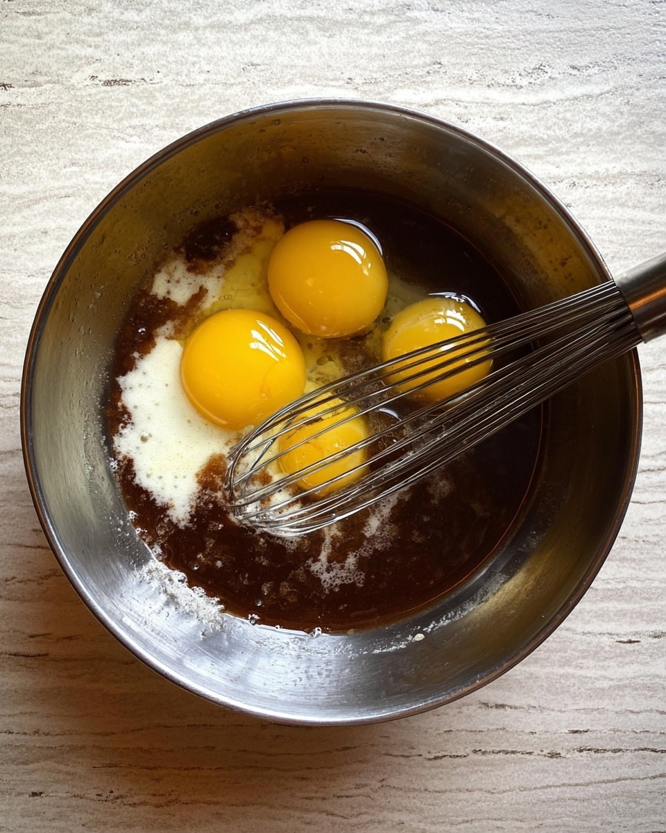 A metal bowl holds three whole raw eggs with bright yellow yolks sitting on top of dark brown thick liquid and some white creamy substance, likely milk or cream, partially mixed together. A silver whisk rests inside the bowl, touching the ingredients. The bowl is placed on a white marbled textured surface. photo taken with an iphone --ar 4:5 --v 7