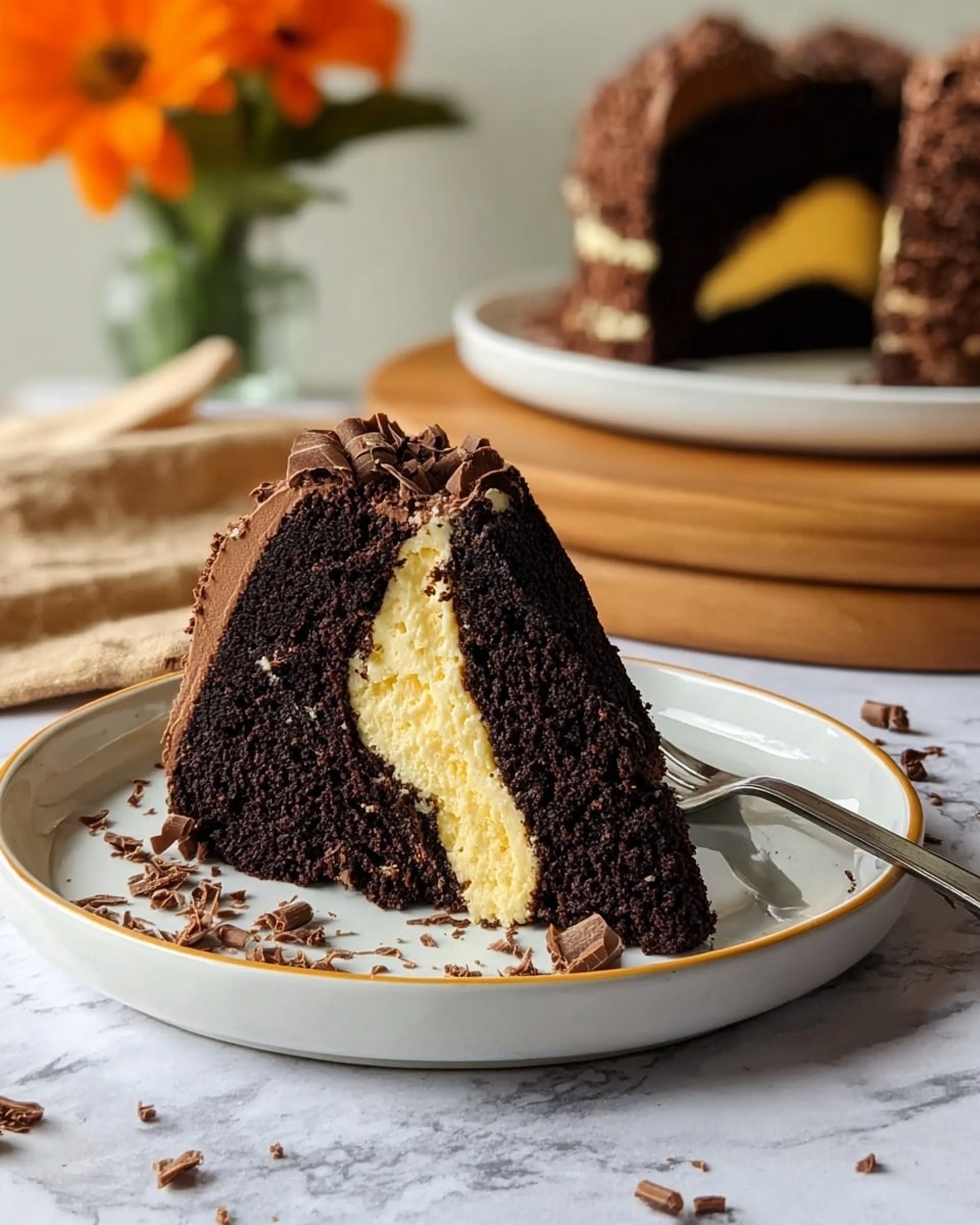 A slice of dark chocolate cake with a thick, creamy yellow center layer sits on a white plate with a thin gold rim on a white marbled surface. The dark chocolate outer layer looks moist and rich, topped with small curls and shavings of chocolate scattered around the plate. A silver fork rests beside the cake slice. In the background, another slice of the same cake is on a white plate, placed on a round wooden board, with an orange flower and a light-colored cloth nearby. The photo taken with an iphone --ar 4:5 --v 7