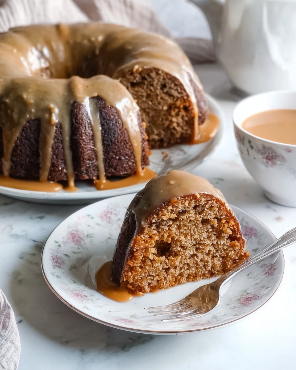 A round bundt cake with a dark brown color sits on a white plate with a subtle floral pattern, topped with light brown glaze dripping down all sides. In front, a single slice of the cake on a small white plate with a similar floral design shows a moist inside with a rough texture, also covered in the same light brown glaze that pools slightly on the plate. A silver fork rests beside the slice. In the background, there is a white cup filled with light brown drink, all set on a white marbled surface. photo taken with an iphone --ar 4:5 --v 7
