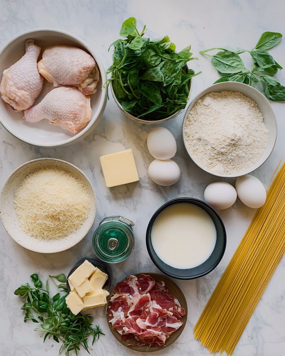 A top-down view of various ingredients neatly arranged on a white marbled surface, including a white bowl with three raw chicken pieces on the left, a white bowl with fresh green leafy herbs above it, two white eggs to the right of the herbs, a small white bowl filled with flour next to the eggs, and a black bowl containing breadcrumbs below the flour. Nearby, a small white dish holds a square of butter, and in front of it is a round white bowl filled with milk. There is also a small brown plate with several slices of hard cheese placed beside a green spice jar. Thin strands of uncooked spaghetti rest on the far right side of the image, and an assortment of thinly sliced cured meat occupies the bottom left corner. Scattered around are sprigs of fresh green herbs. Photo taken with an iphone --ar 4:5 --v 7