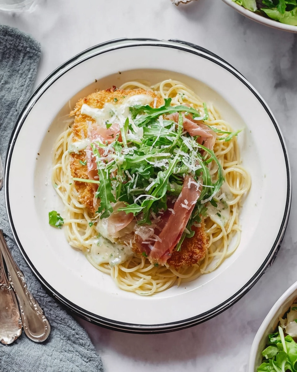 A white plate with a thin black rim holds a layered dish starting with a bed of spaghetti noodles, light beige in color, spread out as the base. On top of the noodles, there is a round piece of golden brown, crispy fried food, likely chicken, covered with a light creamy sauce drizzled over it. Over the chicken, thin slices of pink prosciutto are loosely placed, followed by a small pile of fresh green arugula leaves. Lightly grated white cheese is sprinkled on top of the arugula and around the plate. The plate rests on a white marbled surface, with part of a silver fork and a folded gray cloth napkin partially visible to the left side, and a glimpse of another dish with green salad to the right. Photo taken with an iphone --ar 4:5 --v 7