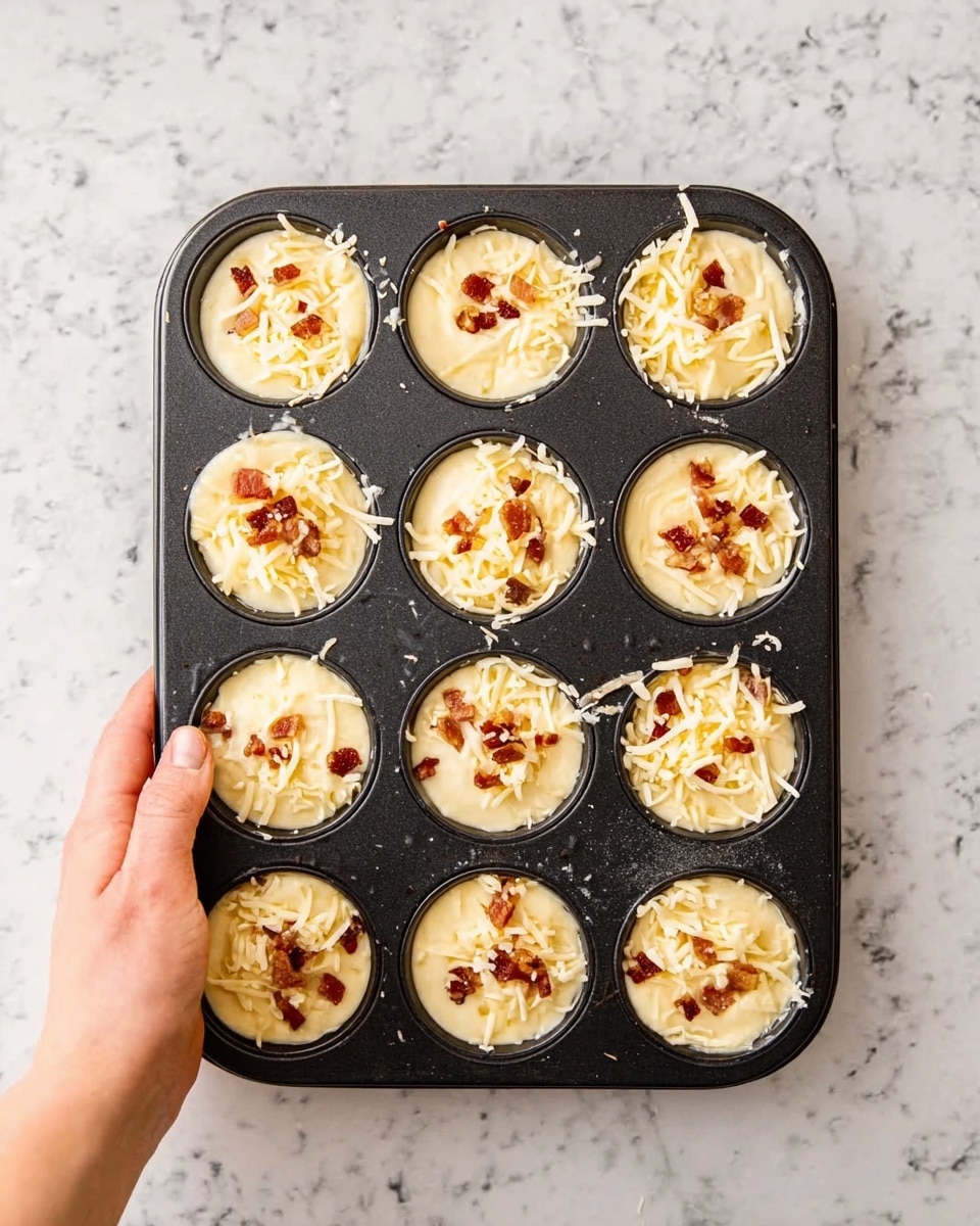 A black muffin tray filled with twelve portions of a light yellow batter, each topped with shredded white cheese and small pieces of crispy brown bacon, held over a white marbled surface by a woman's hand at the bottom edge of the tray; the batter looks smooth and creamy, neatly placed within each cup of the tray. photo taken with an iphone --ar 4:5 --v 7