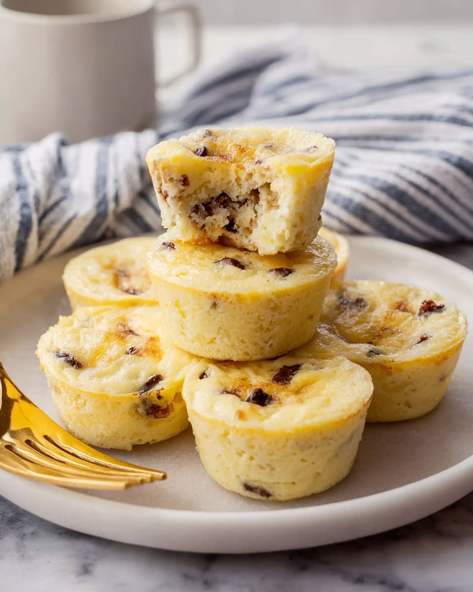 Five small, round egg muffins are stacked on a white plate with a smooth, slightly shiny surface. Each muffin has a pale yellow color with small, darker brown bits of bacon or meat inside, visible on the top and sides. The muffins have a soft, slightly fluffy texture with a light golden top. The plate is placed on a white marbled surface next to a gold fork and a white cloth with blue stripes, which is loosely arranged to the side. A bowl of white eggs is partially visible in the background. Photo taken with an iphone --ar 4:5 --v 7