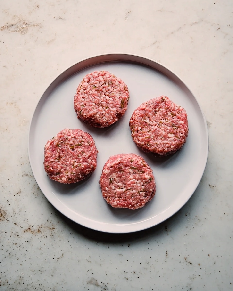 Five raw round patties with a rough texture, mostly pink with bits of white, are placed spaced out on a white plate with a smooth surface. The patties have a slightly uneven shape but are mostly flat and thick. The plate sits on a white marbled surface with faint veins, and the overall lighting is natural and soft. photo taken with an iphone --ar 4:5 --v 7