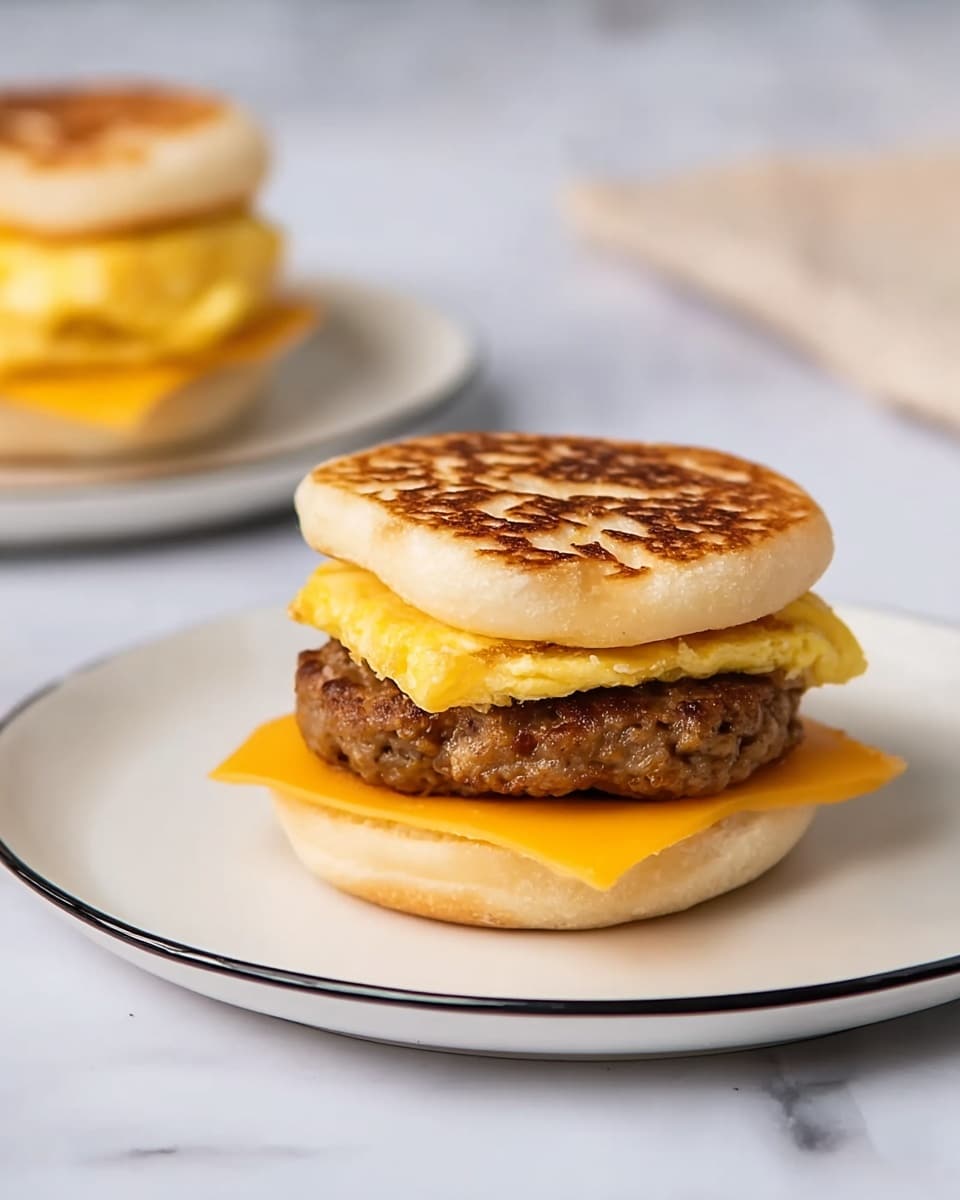 The image shows a breakfast sandwich on a white plate with a black rim, placed on a white marbled surface. The sandwich has three layers: at the bottom, a light-colored soft English muffin half; in the middle, a slice of orange American cheese peeking out from under a thick, brown cooked sausage patty with a slightly rough texture; on top of the patty, there is a folded, light yellow scrambled egg layer with a soft, fluffy appearance; and the sandwich is covered with the other half of the English muffin that has a golden brown toasted top with small bubbles. In the background, there is a blurred similar sandwich on another white plate. Photo taken with an iphone --ar 4:5 --v 7