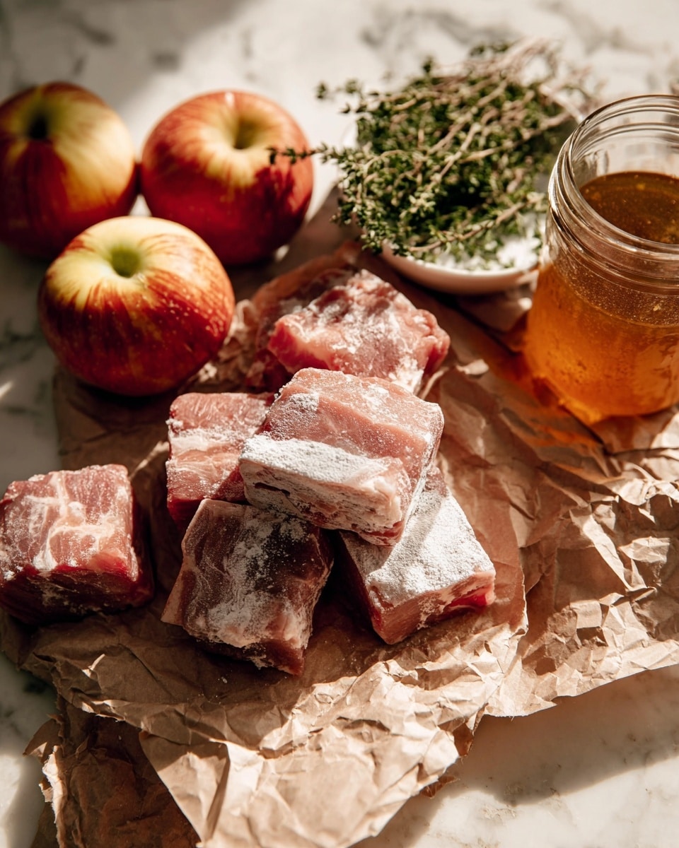 The image shows several square pieces of raw meat stacked and scattered on crumpled brown paper with a light dusting of white flour on the surface of the meat. To the left, there are two red apples with yellow markings. A small white plate holds fresh green sprigs of thyme, and behind the meat and apples, there is a clear glass jar filled with a golden-brown liquid or sauce. The whole scene is set on a white marbled texture surface with soft warm light casting shadows. Photo taken with an iphone --ar 4:5 --v 7