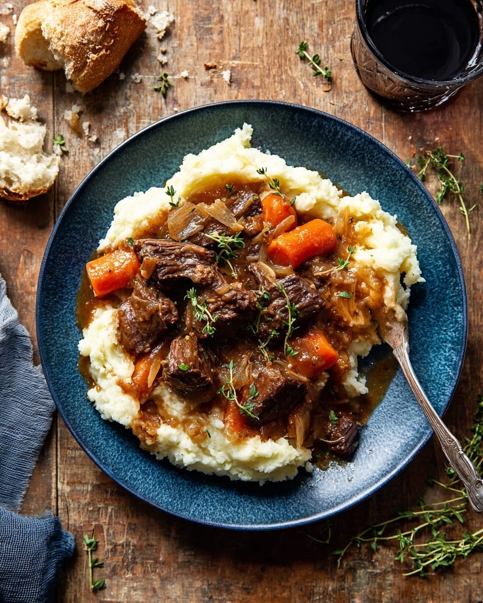 A deep blue plate with a soft white mashed potato base spread evenly in a thick round layer. On top, there are chunky pieces of dark brown, slow-cooked beef mixed with orange carrot slices and caramelized onions in a shiny brown gravy sauce. Small green sprigs of fresh thyme are scattered over the dish for a fresh look. A vintage silver fork rests on the right side of the plate, touching the mashed potatoes and beef. Around the plate on a scratched wooden surface, there is a torn piece of crusty bread on the top left and a glass with dark liquid on the upper right, along with some small green herb leaves scattered lightly. Photo taken with an iphone --ar 4:5 --v 7