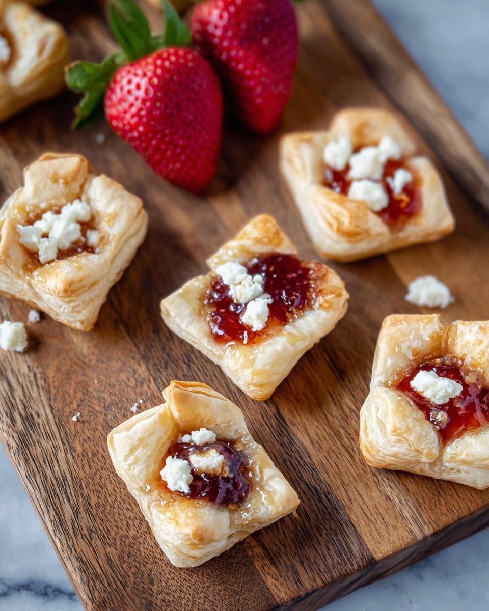 The image shows small square pastry cups placed on a wooden board, each filled with either a red or orange jam and topped with small white crumbly cheese pieces. The pastry is golden brown and flaky, forming a slightly folded cup around the jam and cheese filling. On the upper left corner of the board, there are three bright red strawberries with green leaves, adding a fresh touch. The board sits on a white marbled surface. photo taken with an iphone --ar 4:5 --v 7