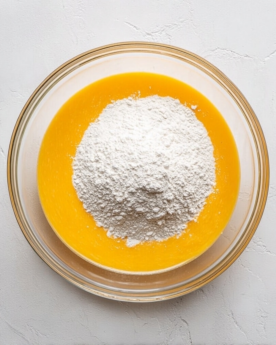 A clear glass bowl sits on a white marbled surface, filled with two main layers of ingredients. The bottom layer is a smooth, bright orange liquid that spreads evenly across the bowl. The top layer is a mound of fine, white powder resting neatly in the center, slightly rising above the orange base but not fully covering it. The glass bowl is round with a thin rim visible against the background. photo taken with an iphone --ar 4:5 --v 7