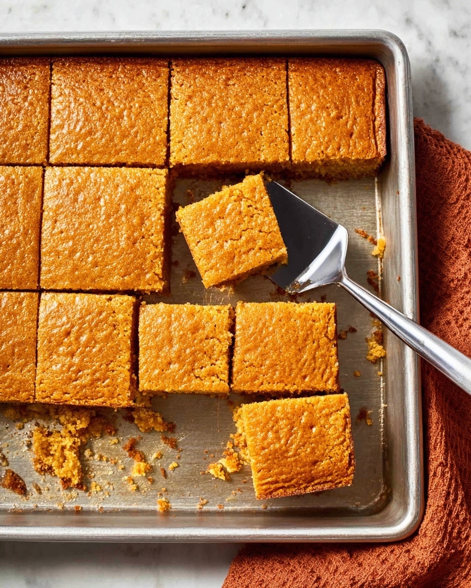 The image shows a rectangular metal baking tray filled with 20 golden-brown, square pieces of cake arranged in four rows and five columns, with five pieces missing on the right side, creating an empty space in the pan. One piece is lifted by a silver spatula, revealing a moist and slightly textured surface with a warm, orange-brown color. The bake has a shiny finish with a few small air bubbles on top. The metal tray rests on a white marbled surface with crumbs scattered around, and a burnt orange cloth is partially visible on the right edge of the image. photo taken with an iphone --ar 4:5 --v 7