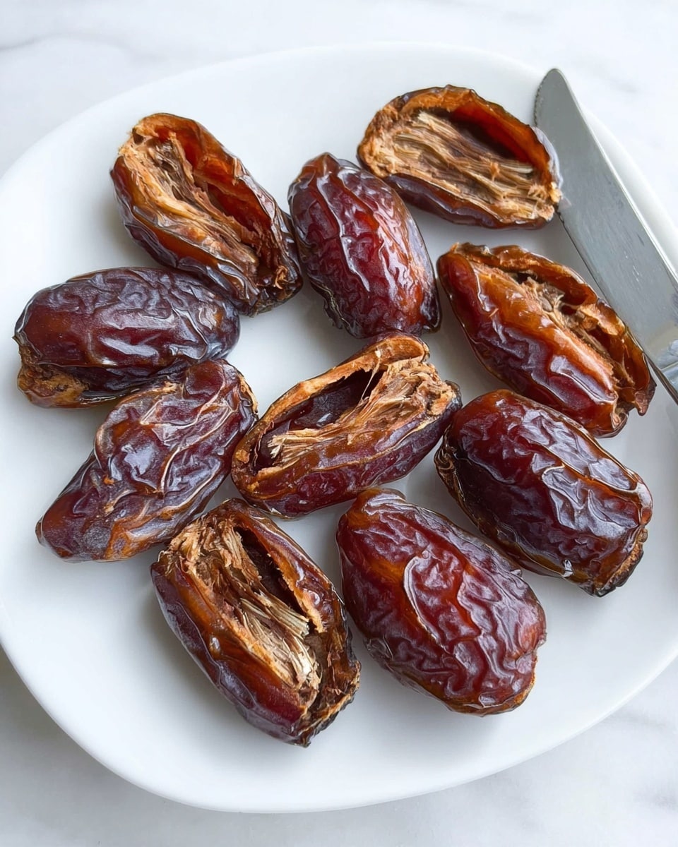 The image shows a white plate on a white marbled surface holding ten half-open dried dates with dark brown wrinkled skin and a glistening sticky texture, exposing their light brown fibrous inner flesh. A silver knife lies flat on the plate, touching some of the dates on the right side. The overall look is natural and simple, focusing on the rich textures and deep colors of the dried dates. photo taken with an iphone --ar 4:5 --v 7