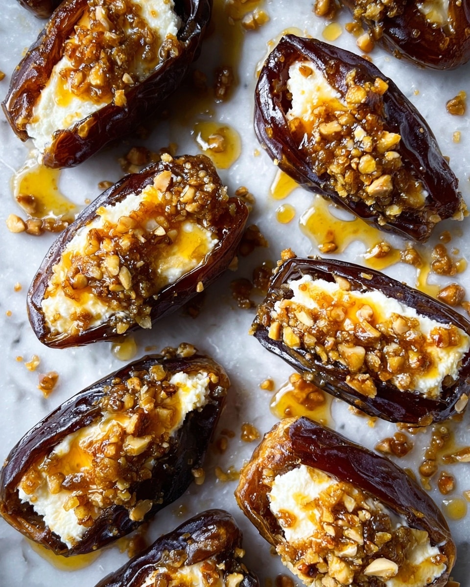 The image shows a close-up of several stuffed dates arranged on baking paper over a white marbled surface. Each date is split open and filled with a creamy white cheese layer, topped with chopped nuts that add a crunchy texture. The dark brown, shiny dates contrast with the creamy white filling and golden drizzles of honey or syrup that glisten around and on the dates, giving a sticky, glossy look. The nuts are small and golden brown, scattered both inside the dates and on the baking paper, adding detail to the composition. photo taken with an iphone --ar 4:5 --v 7