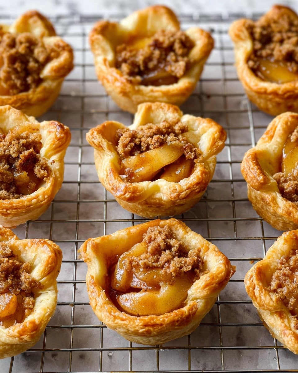 The image shows several small pastry tarts arranged in rows on a metal cooling rack. Each tart has a golden-brown, flaky crust shaped into a cup with four upward-pointing edges. Inside the crust, there is a filling of cooked apple slices with a shiny caramelized texture and a layer of crumbly brown streusel topping sprinkled on top. The cooling rack sits on a white marbled surface visible through the grid. The tarts are evenly spaced and the lighting highlights the golden color and texture of the crust and filling. photo taken with an iphone --ar 4:5 --v 7