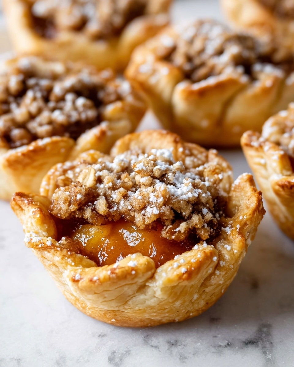 The image shows several small tarts with three visible layers: the outer layer is a golden-brown flaky pastry shell with soft folds, the middle layer is a shiny, orange-brown fruit filling that looks like cooked apples or peaches, and the top layer is a crumbly, dark brown streusel topping with oats and small nut pieces dusted lightly with white powdered sugar. The tarts are placed directly on a white marbled surface, allowing details of the flaky crust and the textured topping to stand out, with a close-up focus highlighting the warm colors and textures. photo taken with an iphone --ar 4:5 --v 7