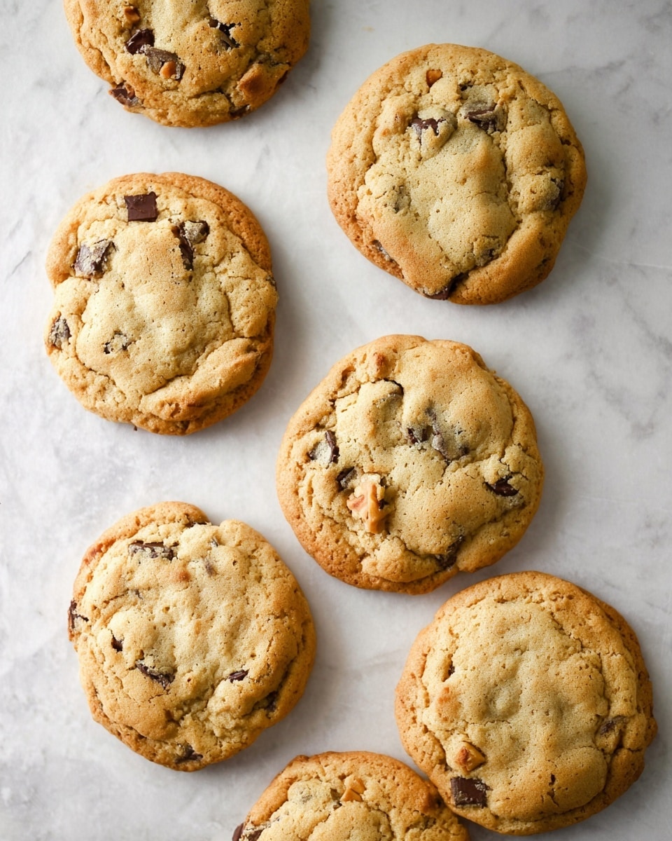 The image shows seven golden brown cookies with a slightly cracked texture on top, scattered over a white marbled surface. Each cookie is round and thick, with visible small dark brown chocolate pieces and light beige nut chunks blended into the dough. The cookies have a soft, slightly chewy look with a light crust around the edges. Photo taken with an iphone --ar 4:5 --v 7