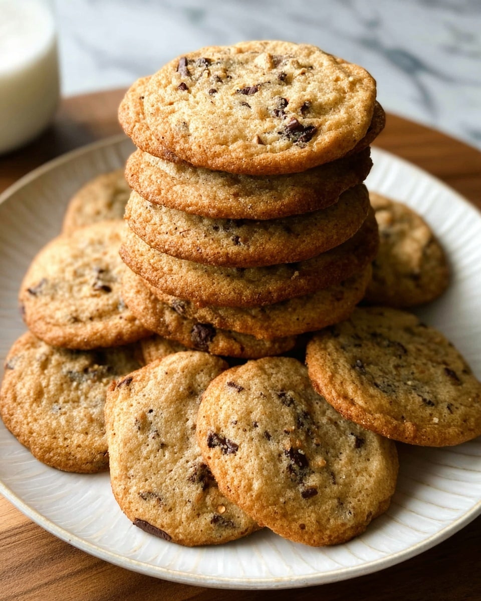 A stack of about ten round cookies is shown on a white plate with a slight texture. Each cookie is golden brown with a slightly crispy edge and soft, lighter center. Dark chocolate chunks and small nut pieces are visible inside the cookies, giving texture and color contrast. The plate sits on a wooden surface with a white marbled background. Photo taken with an iphone --ar 4:5 --v 7