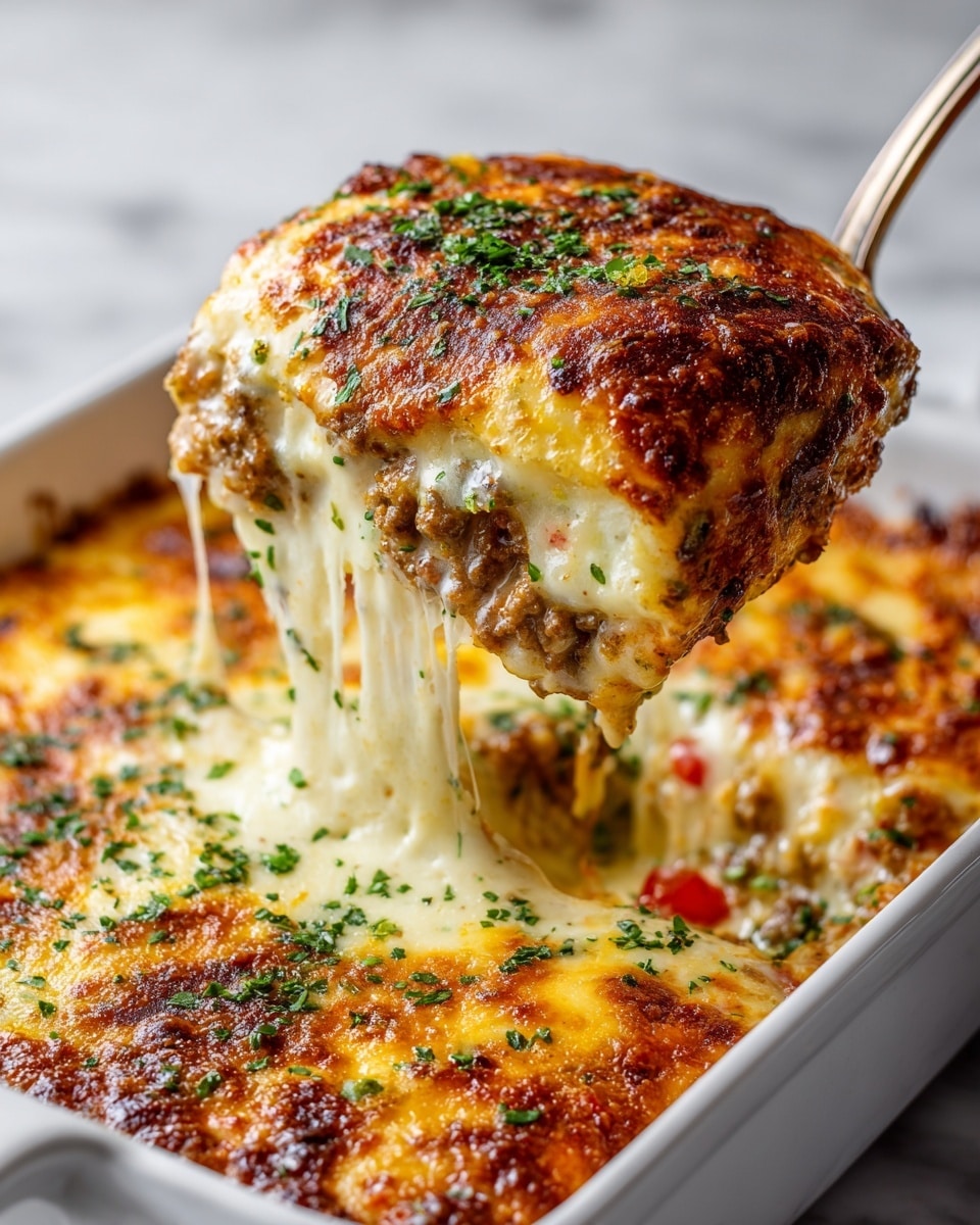 The image shows a rectangular glass baking dish filled with a baked casserole. The top layer is a golden-brown melted cheese with browned spots, melted smoothly over the surface. Beneath the cheese, there are pieces of browned meat and visible red and green bell pepper slices, scattered evenly throughout. The dish appears thick with layers of cooked ingredients, giving a slightly bubbly and textured look. The glass dish is placed on a white marbled surface that contrasts softly with the warm colors of the casserole. Photo taken with an iphone --ar 4:5 --v 7