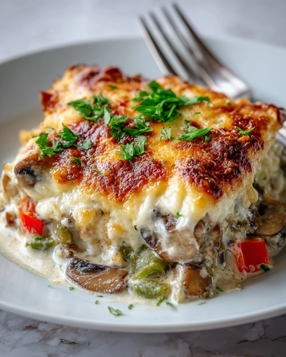 A white rectangular baking dish filled with a layered cheesy casserole. The top layer is golden-brown melted cheese with a slightly burnt, crispy texture, sprinkled with chopped green herbs. Below the cheese, there are visible layers of creamy white cheese stretching as a woman's hand lifts a large scoop, revealing chunks of browned ground meat and small pieces of red bell pepper in a creamy sauce. The casserole is set on a white marbled surface, capturing the rich, gooey texture of the dish. Photo taken with an iphone --ar 4:5 --v 7