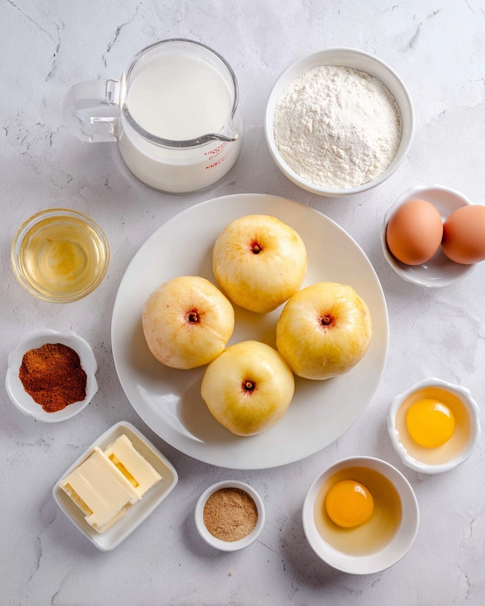 A white plate holds four peeled apples, showing a smooth, pale yellow surface with some red marks near the tops where the cores used to be. Around the plate, on a white marbled surface, there are small white bowls and containers filled with different ingredients: a clear measuring cup with light cream, a white bowl with white sugar, a white bowl with flour, a small white square dish with golden vanilla extract, three brown eggs, a white bowl with golden melted butter, and a small white bowl with four spices and baking powder in different shades of brown, white, and light tan. The arrangement is neat and the lighting is soft and even, showing clear and simple kitchen prepping. Photo taken with an iphone --ar 4:5 --v 7