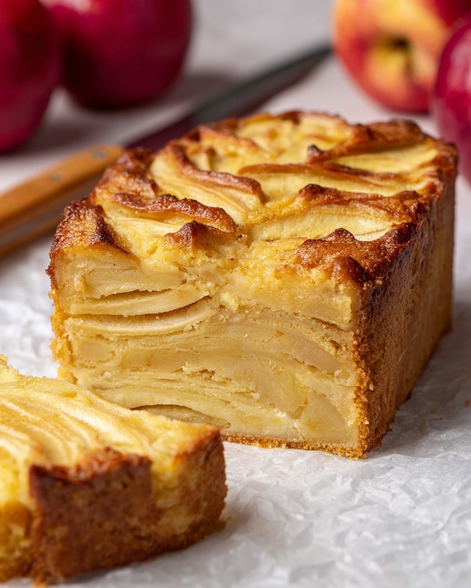 The image shows a thick slice of apple cake with many thin layers of light yellow apple slices stacked tightly inside a golden-brown crust. The top layer has a shiny, slightly browned finish with neatly arranged apple slices creating a textured, wavy surface. The cake is placed on white marbled paper with two red apples blurred in the background to the right and a wooden-handled knife partially visible on the left. A smaller piece of the same apple cake is in front of the large slice. The colors are warm and natural, highlighting the moist, soft inner texture of the cake. Photo taken with an iphone --ar 4:5 --v 7