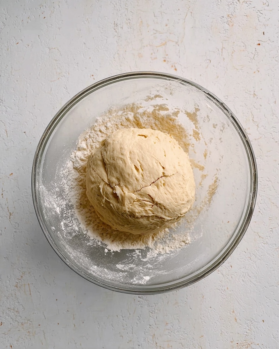 A round ball of dough with a pale cream color rests in the center of a clear glass bowl, with some flour dusted and stuck around the inside edges of the bowl. The dough has a soft, slightly uneven texture with small cracks on the surface, and the bowl sits on a white marbled textured surface. photo taken with an iphone --ar 4:5 --v 7
