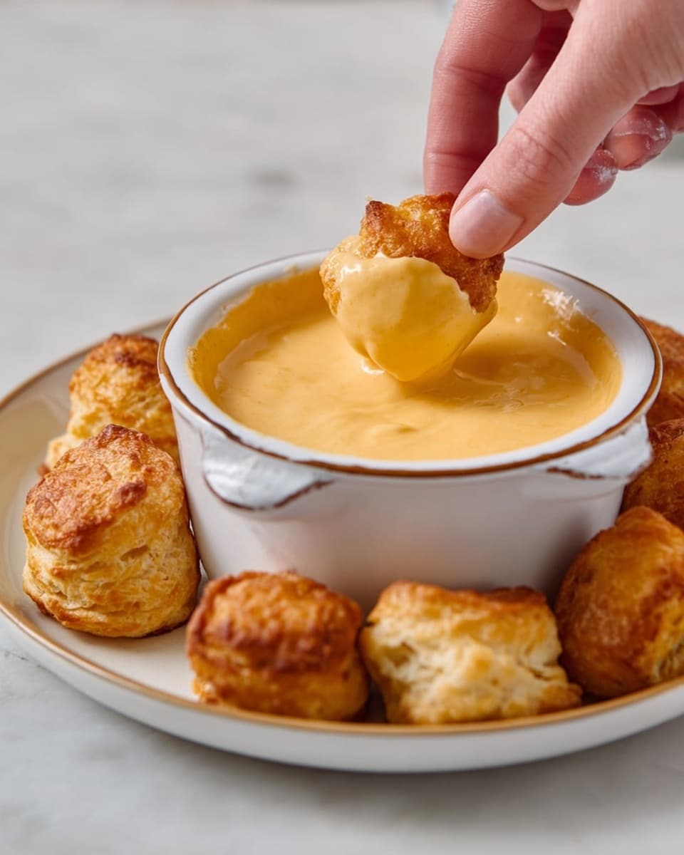 A white plate holds a small white pot filled with smooth, light orange cheese sauce in the center. Surrounding the pot are about twenty golden-brown, puffed-up, square pieces of fried dough with a slightly crisp and shiny surface. The plate sits on a white marbled tabletop, adding a clean and bright background to the warm tones of the food. photo taken with an iphone --ar 4:5 --v 7