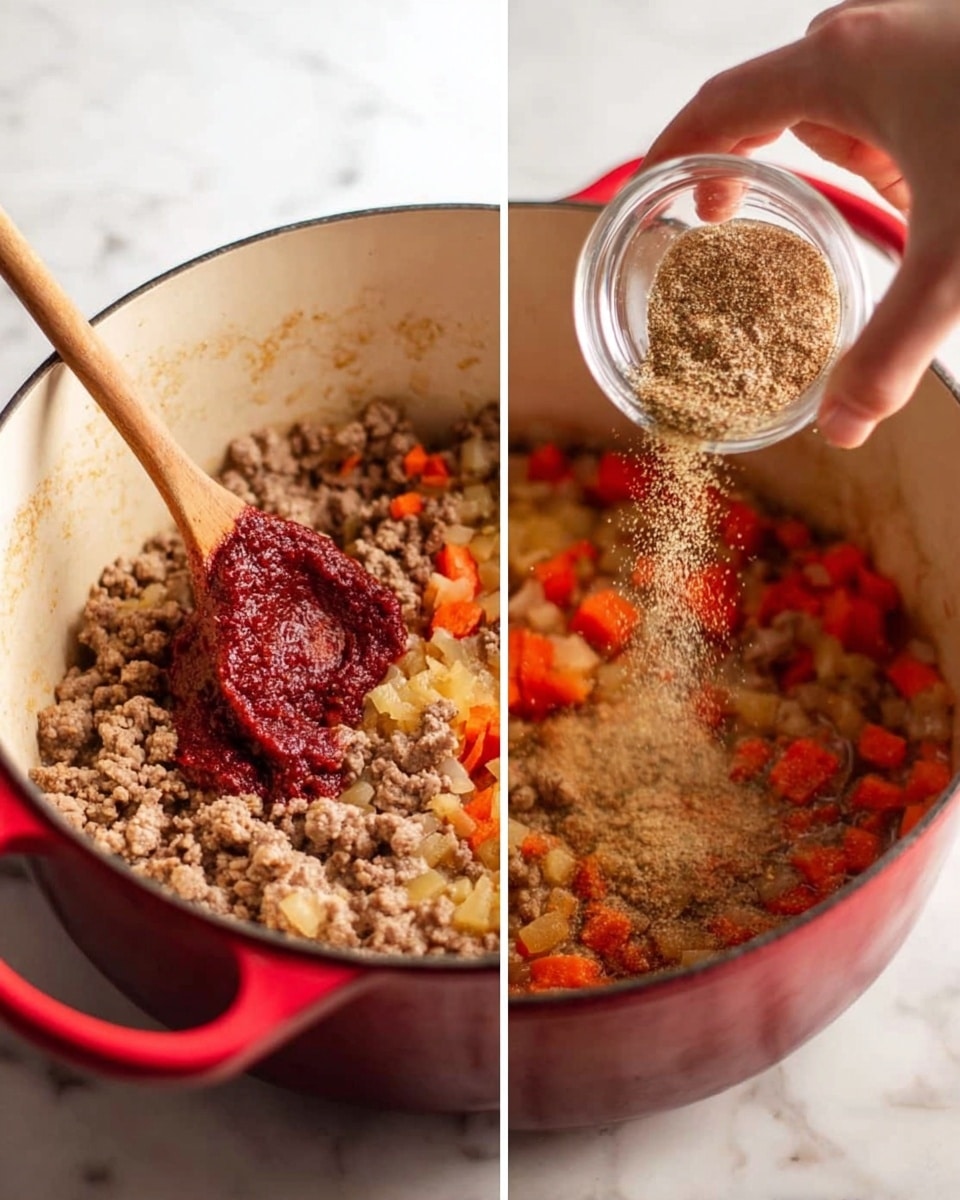 A bowl of chili sits on a white marbled surface, filled with a rich mix of brown ground meat, red and light brown beans, and chunks of red tomato in a thick reddish-brown sauce. On top, there is a dollop of white sour cream, thin strips of yellow cheddar cheese, and small rings of green onions scattered. Behind the bowl is a large red pot filled with more chili and a wooden spoon resting inside. To the right, there are small white bowls with chopped green onions and sliced green peppers on a white marbled surface. Next to them is a clear glass with a drink containing ice and slices of lime. A red and white striped cloth lies beside a knife next to the bowl. Photo taken with an iphone --ar 4:5 --v 7