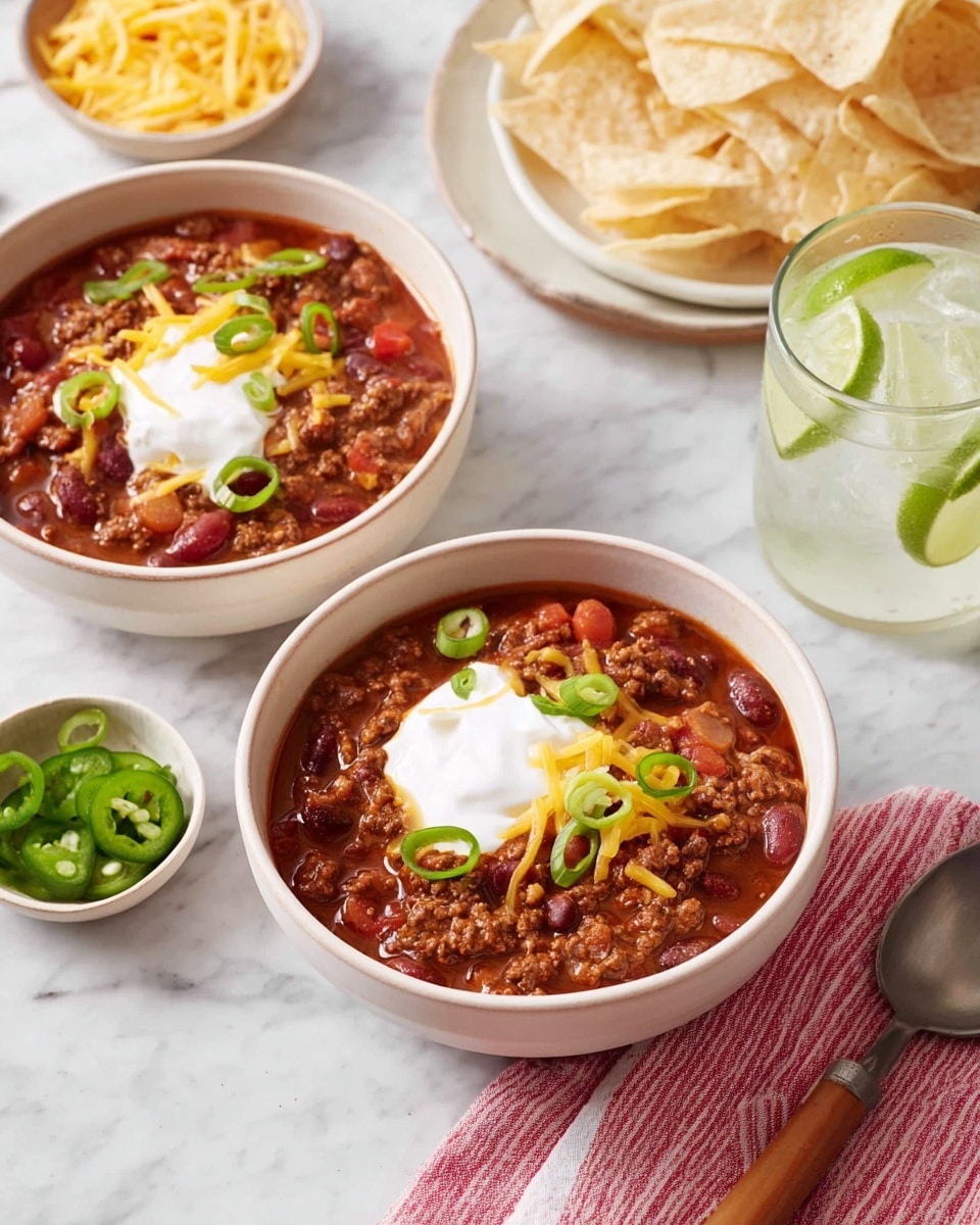 Two bowls of chili sit on a white marbled surface, each filled with a rich reddish-brown mix of beans, ground meat, and small tomato chunks. The chili is topped with a dollop of white sour cream, thin strips of melted yellow cheese, and slices of green onion scattered on top. Near the bowls, a small white bowl holds shredded yellow cheese, while another light-colored dish contains sliced green jalapeños. A glass with ice and lime slices is placed on the right side, and a plate of pale tortilla chips sits in the background. A spoon with a wooden handle rests on a red and white striped cloth beside the front bowl. photo taken with an iphone --ar 4:5 --v 7