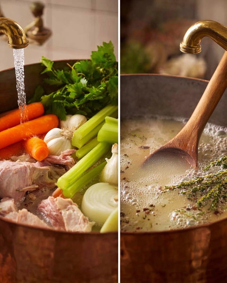 The image shows two close-up kitchen scenes side by side. On the left, a large copper pot is filled with raw vegetables and a large piece of meat; bright orange carrot chunks, green celery sticks, white onion halves, fresh green herbs, and garlic cloves surround the pale pink meat. Water is flowing from a brass tap into the pot, splashing on the ingredients. On the right, the same pot now has a light broth with bubbles and steam rising. A wooden spoon is stirring it, and the broth contains softened pieces of meat, herbs like thyme and parsley, and some pepper specks. Both pots sit on a surface with a warm kitchen ambiance. Photo taken with an iphone --ar 4:5 --v 7