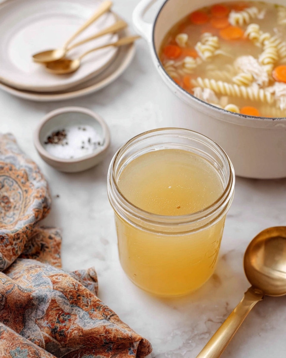 The image shows three clear glass jars filled with pale yellow broth, placed on a white marbled surface. Two jars at the back are sealed with transparent lids featuring an orange rubber ring and silver clasps, while the jar in front is open without a lid. Behind the jars, there is a copper pot with a warm metallic shine and reflections. In the background, a white bowl contains pieces of vegetables like carrots and celery, slightly out of focus. Part of a floral cloth is visible on the left side near the jars. Photo taken with an iphone --ar 4:5 --v 7